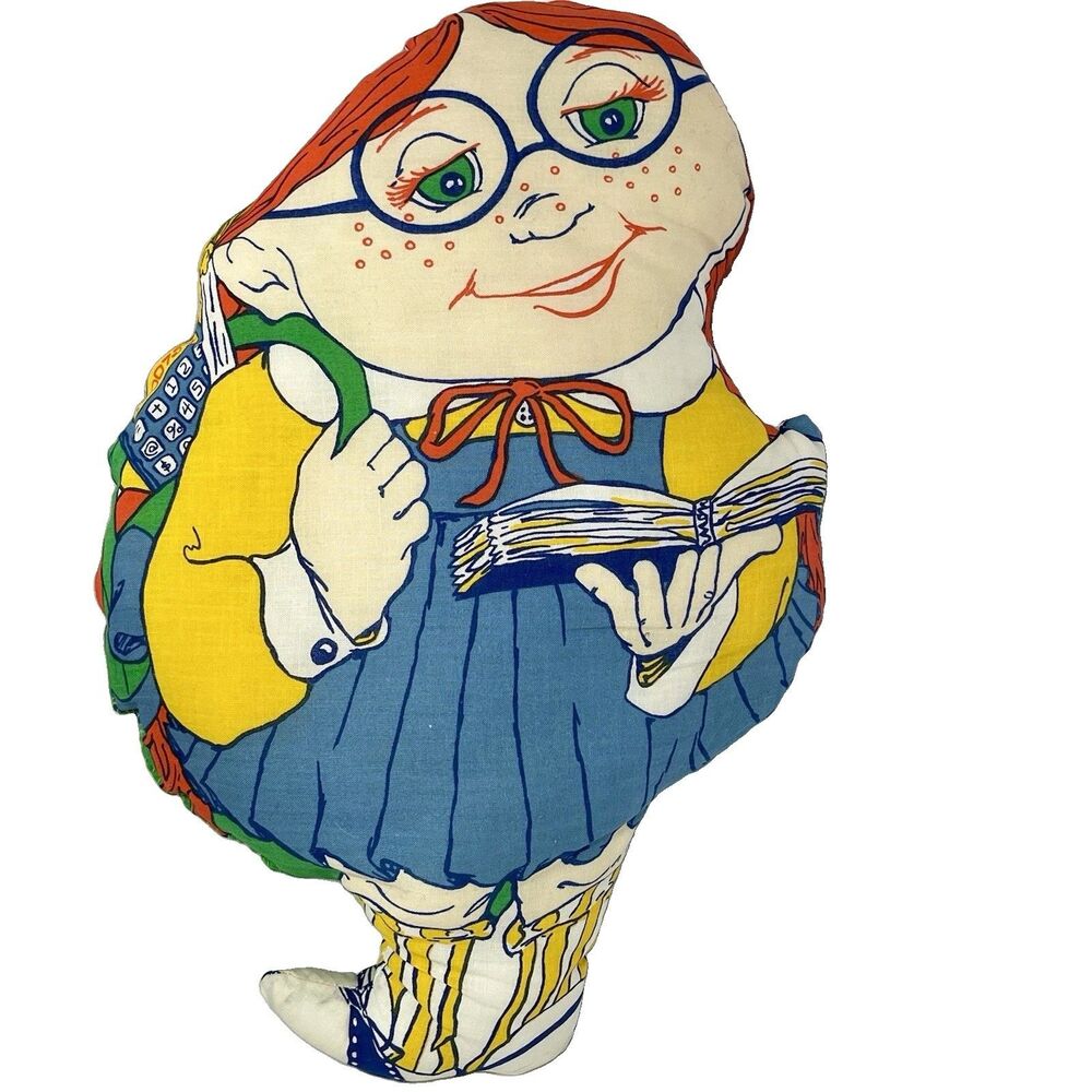 Vintage Printed Cloth 17" School Girl Book Pillow Doll Handmade Plush Reading